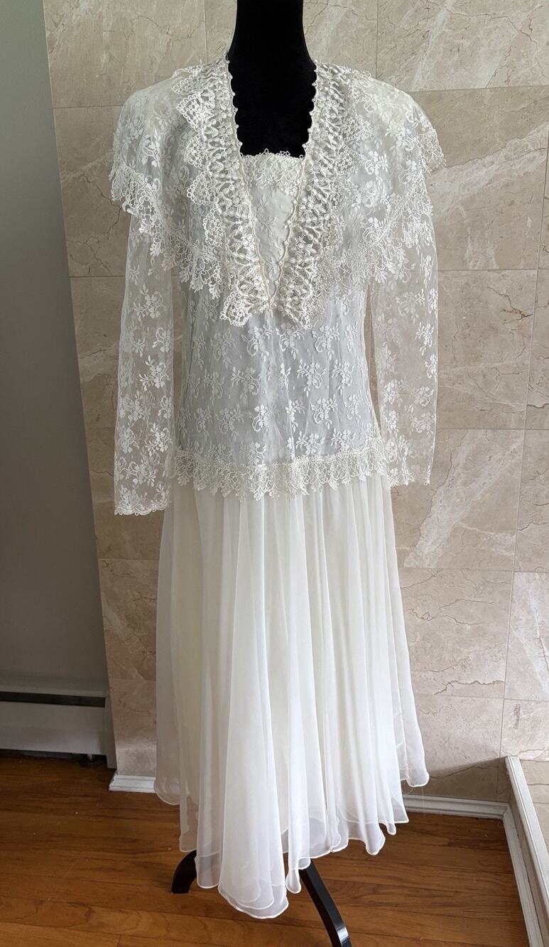 Vtg 80s Scott McClintock Ivory Midi - Small Edwardian Lace Bridal Halloween USA